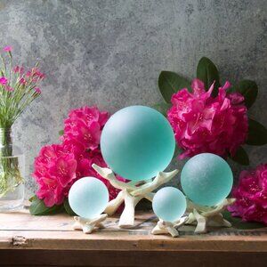1 glass seafoam seaglass sphere with driftwood stand  3" diameter